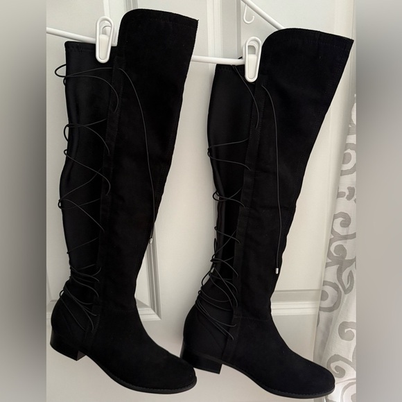 Black Lace-Up Knee High Boots | Faux Suede | Size 6.5 - Picture 3 of 4